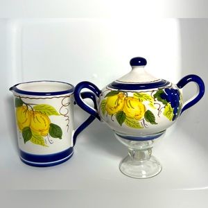 Arcucci - Anacapri, Italy Sugar Bowl with Lid and Creamer Set, Lemons on Vine